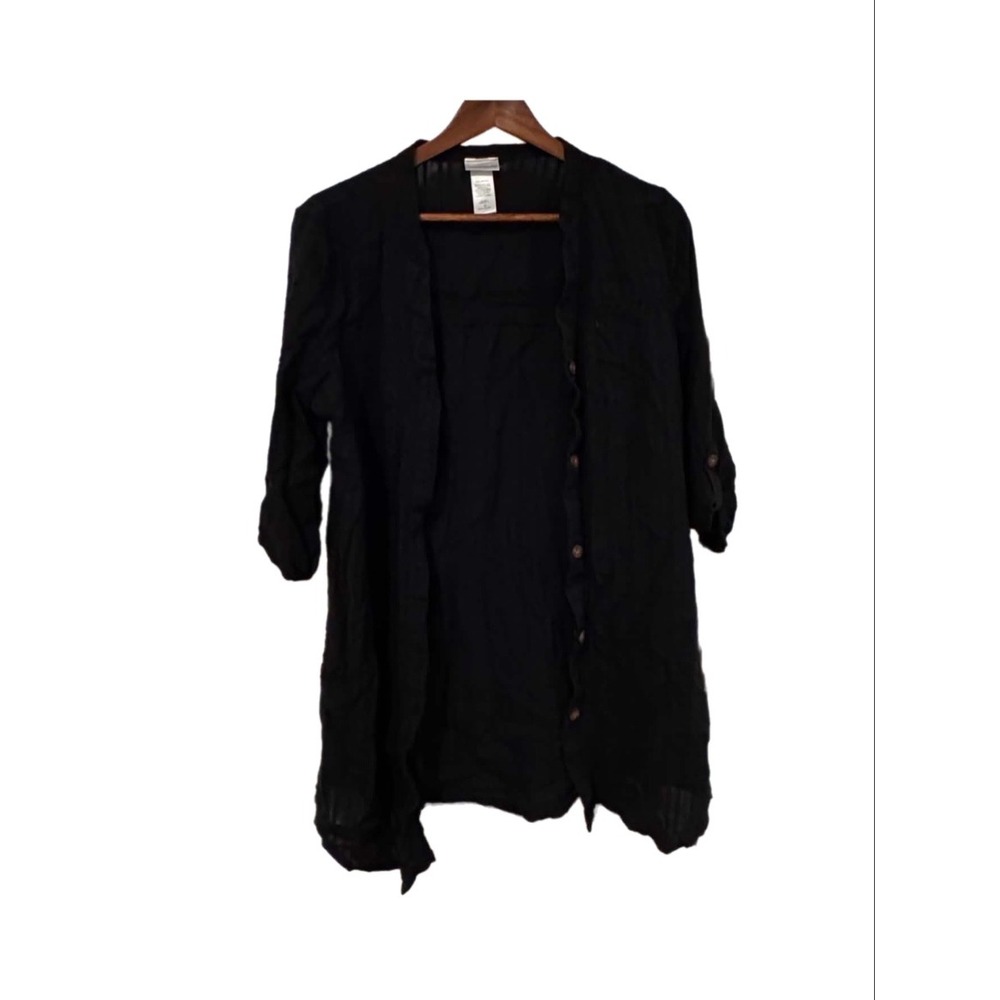 Wearabouts Button Down Tunic Women M Black Excellent Cotton Roll Tab Sleeve